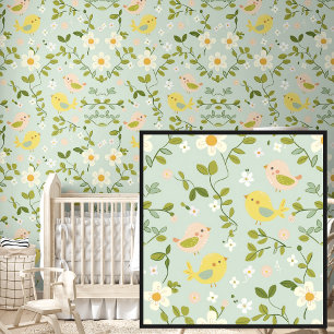 Cute Springtime Flowers & Birds on Soft Green Wallpaper
