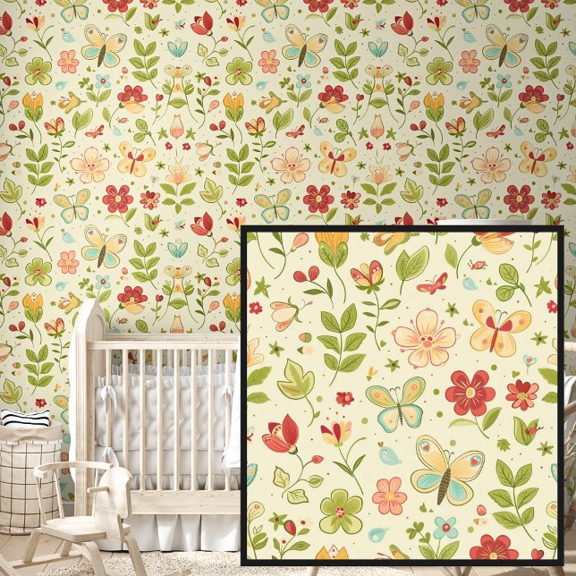 Cute Springtime Flowers & Butterflies on Cream Wallpaper (Creator Uploaded)