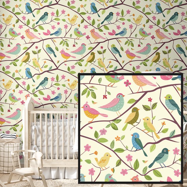 Cute Springtime Pink Yellow Birds on Cream Wallpaper (Creator Uploaded)