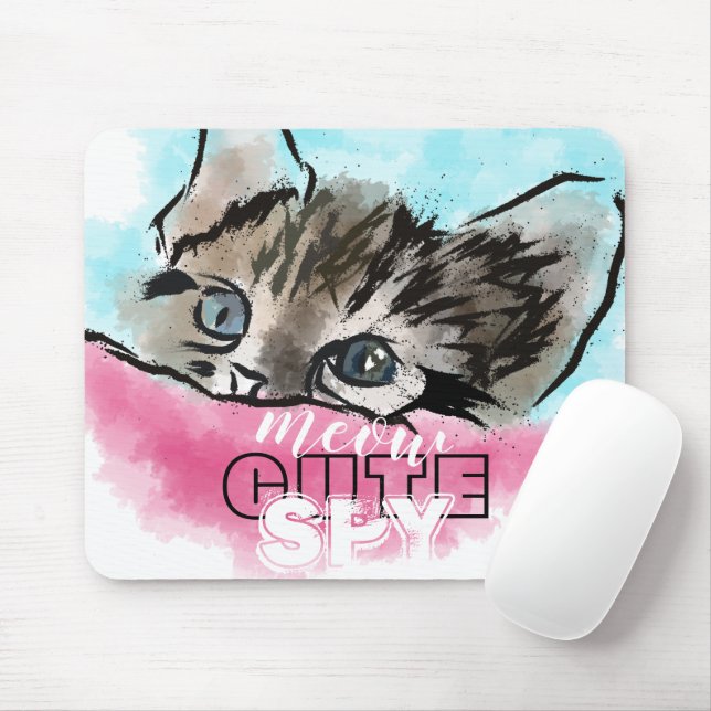 "CUTE SPY" | Funny Cute Kitten Pink Blue Mouse Mat (With Mouse)