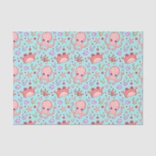 Cute Squid and Crab Marine Life Blue Tissue Paper