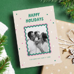 Cute Squiggle Frame Pink   Green Happy Holiday Card<br><div class="desc">A cute and fun holiday card with a double squiggle photo frame in pink and green, surrounded by confetti dots and "happy holidays" in a cute handwritten font. The back of the card has room for a longer message and another photo of the family. Here shown in pink and Kelly...</div>