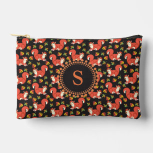 Cute Squirrel and Autumn Leaf Pattern Monogram Accessory Pouch