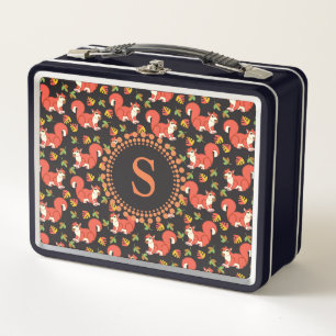 Cute Squirrel and Autumn Leaf Pattern Monogram Metal Lunch Box