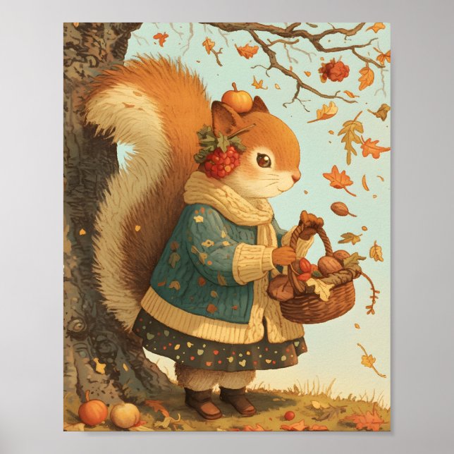 Cute Squirrel Autumn Animal Nursery Wall Art Print (Front)