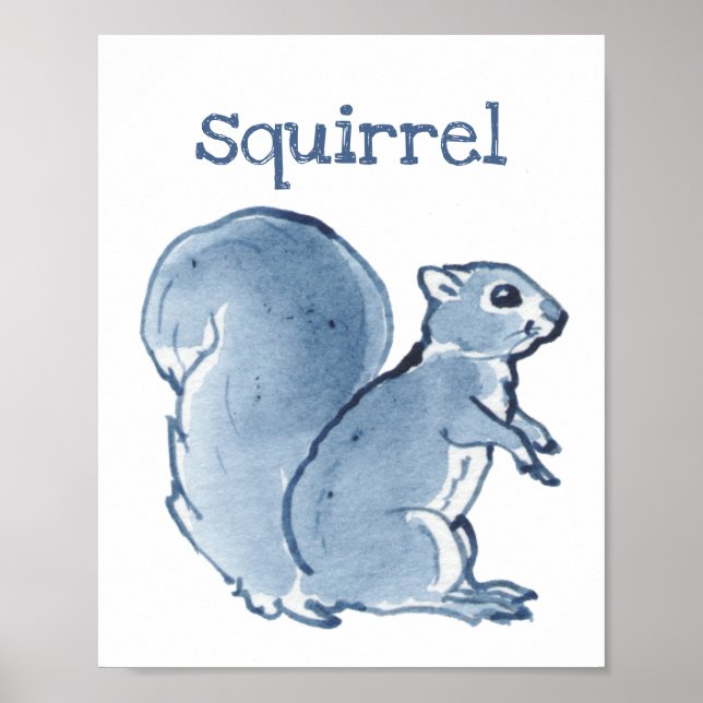 Cute Squirrel Blue Watercolor Animal Nature Art Poster (Front)