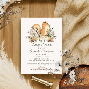 Cute Squirrel Botanical Ribbon Baby Shower Invitation