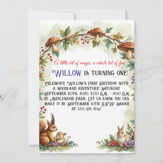 Cute Squirrel & Bunny First Birthday Party Invite (Front)