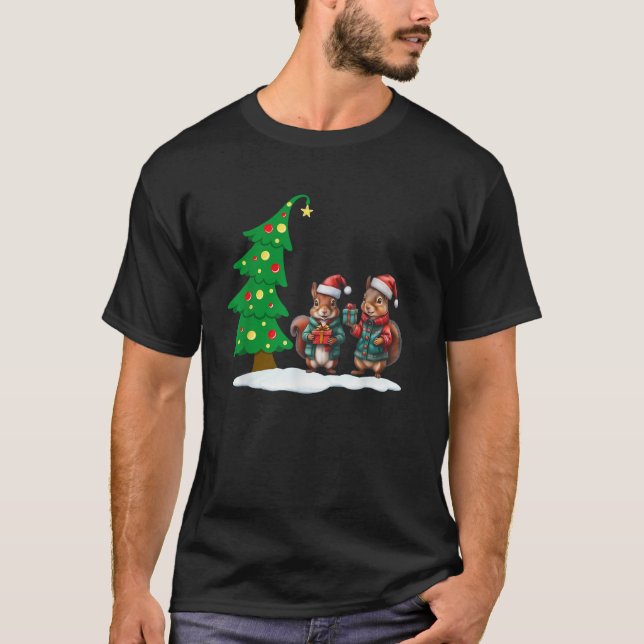Cute Squirrel Christmas Santa Hat Merry And Bright T-Shirt (Front)