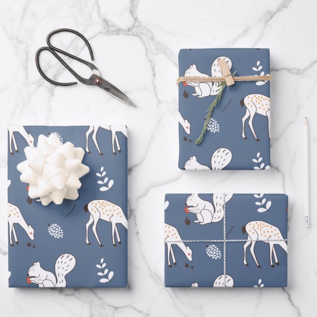 Cute Squirrel & Deer Blue Woodland Pattern Wrapping Paper Sheet (Front)