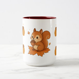 Cute Squirrel Eating Acorn with Autumn Leaves Two-Tone Coffee Mug