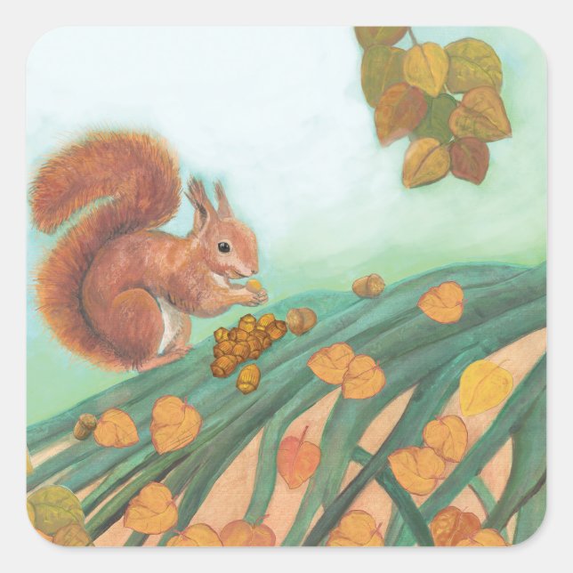 Cute Squirrel Eating Hazelnut Illustration   Square Sticker (Front)