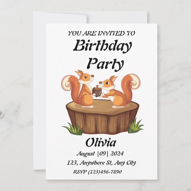 Cute Squirrel Eating Nuts Birthday invitation (Front)