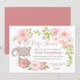 Cute Squirrel Flowers Leaves Frame Baby Shower Invitation