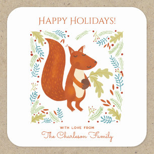 Cute Squirrel Happy Holidays Personalised Square Sticker