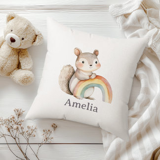 Cute Squirrel Holding A Rainbow Modern Nursery Cushion