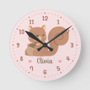 Cute Squirrel Holding Acorn Baby Nursery Decor Round Clock