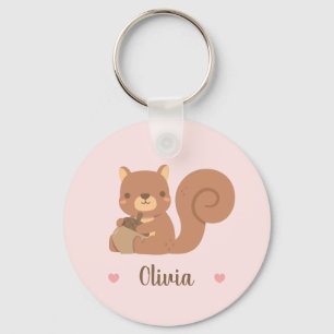 Cute Squirrel Holding Acorn Girls Name Pink Key Ring
