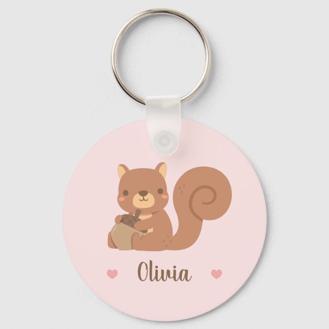 Cute Squirrel Holding Acorn Girls Name Pink Key Ring (Front)