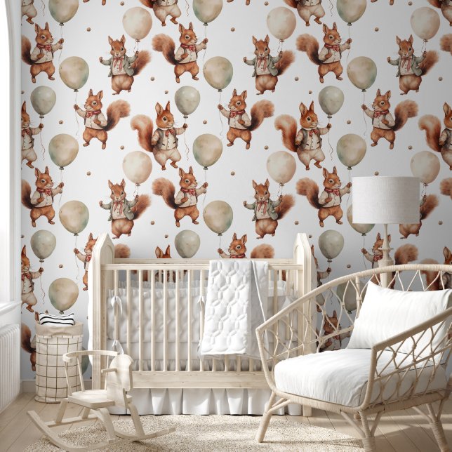 Cute Squirrel Holding Balloons Peel And Stick Wallpaper (Kids)