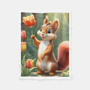 Cute Squirrel Holding Tulip Flower Fleece Blanket