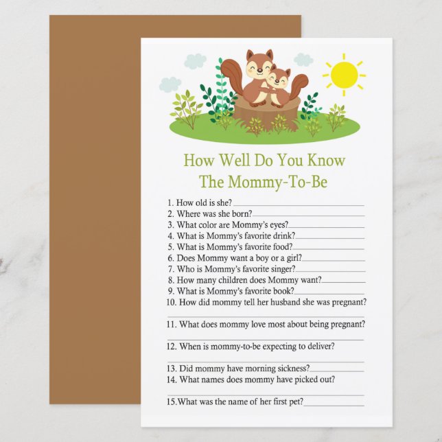 Cute Squirrel How well do you know baby showergame (Front/Back)