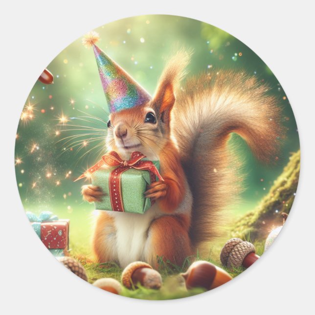 Cute Squirrel in Birthday Hat   Classic Round Sticker (Front)