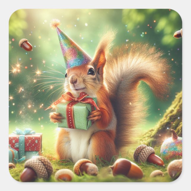 Cute Squirrel in Birthday Hat   Square Sticker (Front)