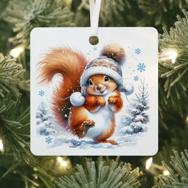 Cute Squirrel in the Snow Christmas Personalised Metal Tree Decoration (Insitu)