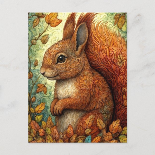 Cute Squirrel in Whimsical Fall Forest Postcard (Front)