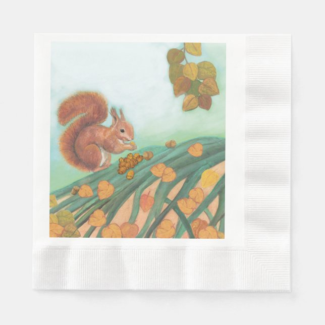 Cute Squirrel is Eating Hazelnut Illustration Napkin (Front)