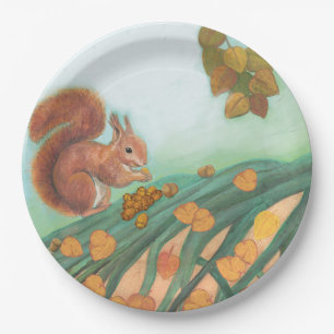 Cute Squirrel is Eating Hazelnut Illustration  Paper Plate