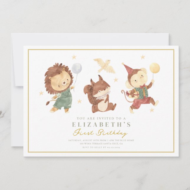 Cute Squirrel ,lion and monkey First Birthday Invitation (Front)