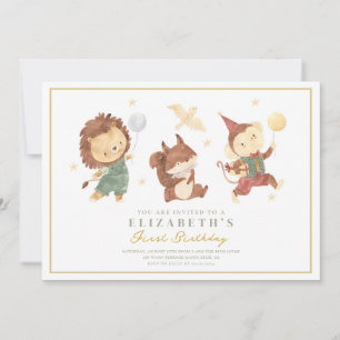 Cute Squirrel ,lion and monkey First Birthday Invitation