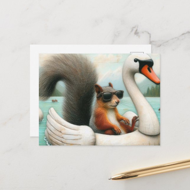 Cute Squirrel on a Swan Floatie Postcard (Front/Back In Situ)