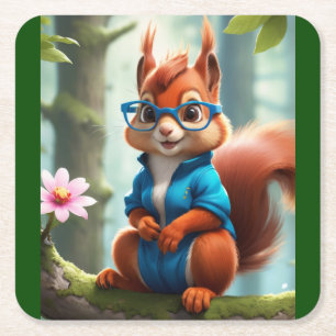Cute Squirrel on the Branch of Tree Square Paper Coaster