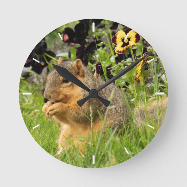 Cute Squirrel & Pansies Photo Round Clock (Front)