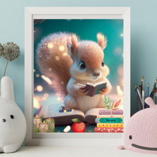 Cute Squirrel reading a book Custom Nursery Art  Poster