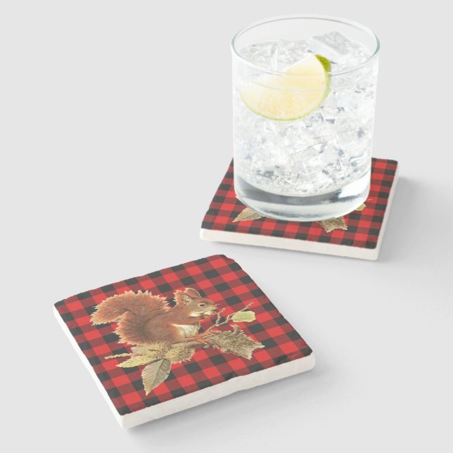 Cute Squirrel Red Black Buffalo Check Plaid Stone Coaster (Side)