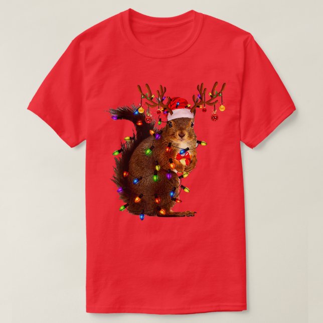 Cute Squirrel Santa Hat Christmas Lights Happy Hol T-Shirt (Design Front)