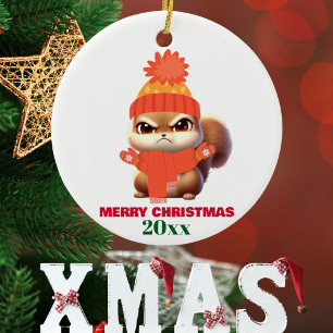 Cute Squirrel Santa Hat Merry Christmas,Custom Glass Tree Decoration