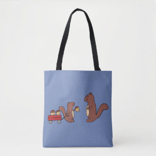 Cute squirrel sharing a wagon of acorns tote bag
