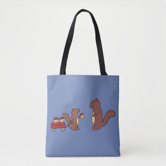 Cute squirrel sharing a wagon of acorns tote bag (Front)