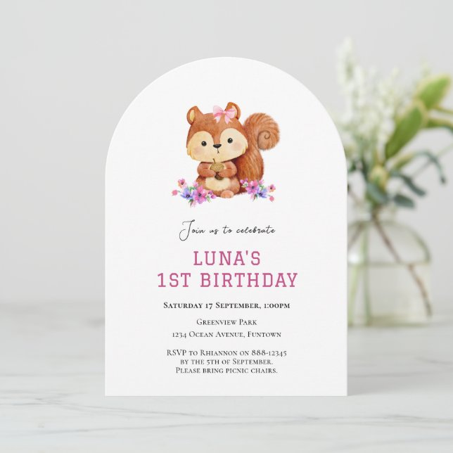 Cute Squirrel simple 1st birthday invitation (Standing Front)