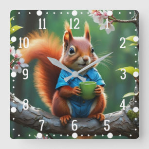 Cute Squirrel Sitting on The Branch of Tree-68364 Square Wall Clock