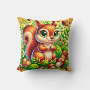 Cute Squirrel Surrounded by Vibrant Forest Leaves Cushion