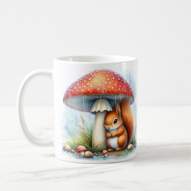 Cute Squirrel Under Mushroom Umbrella Coffee Mug (Left)