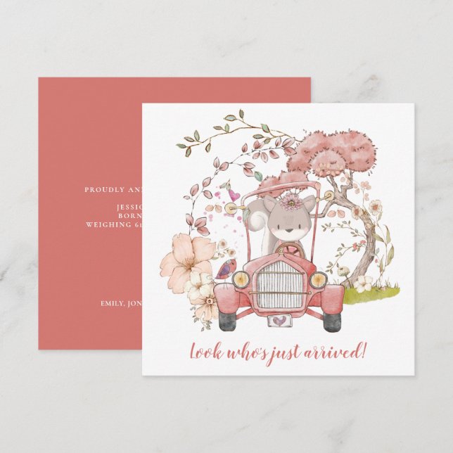 Cute Squirrel Vintage Car Girl Birth Announcement (Front/Back)