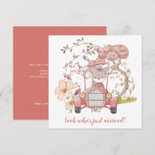 Cute Squirrel Vintage Car Girl Birth Announcement