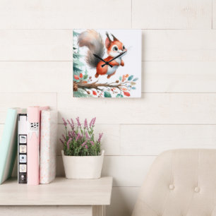 Cute Squirrel Watercolor Autumn Leaves Nursery Art Square Wall Clock